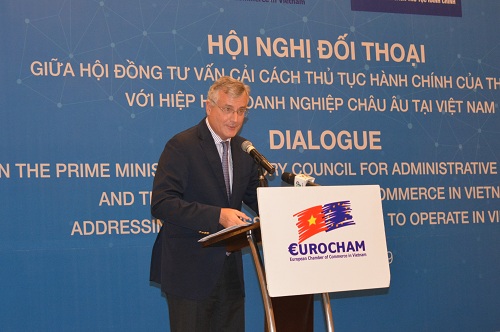 Ông Nicolas Audier, Chủ tịch Hiệp hội doanh nghiệp châu Âu tại Việt Nam phát biểu tại hội nghị. Ảnh: VGP/Hoàng Anh